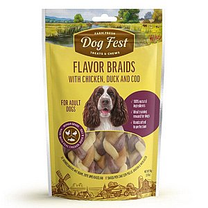 דוג פסט חטיף צמות עוף ברווז ודג קוד 90 גרם דוג פסט חטיף צמות עוף ברווז ודג קוד 90 גרם